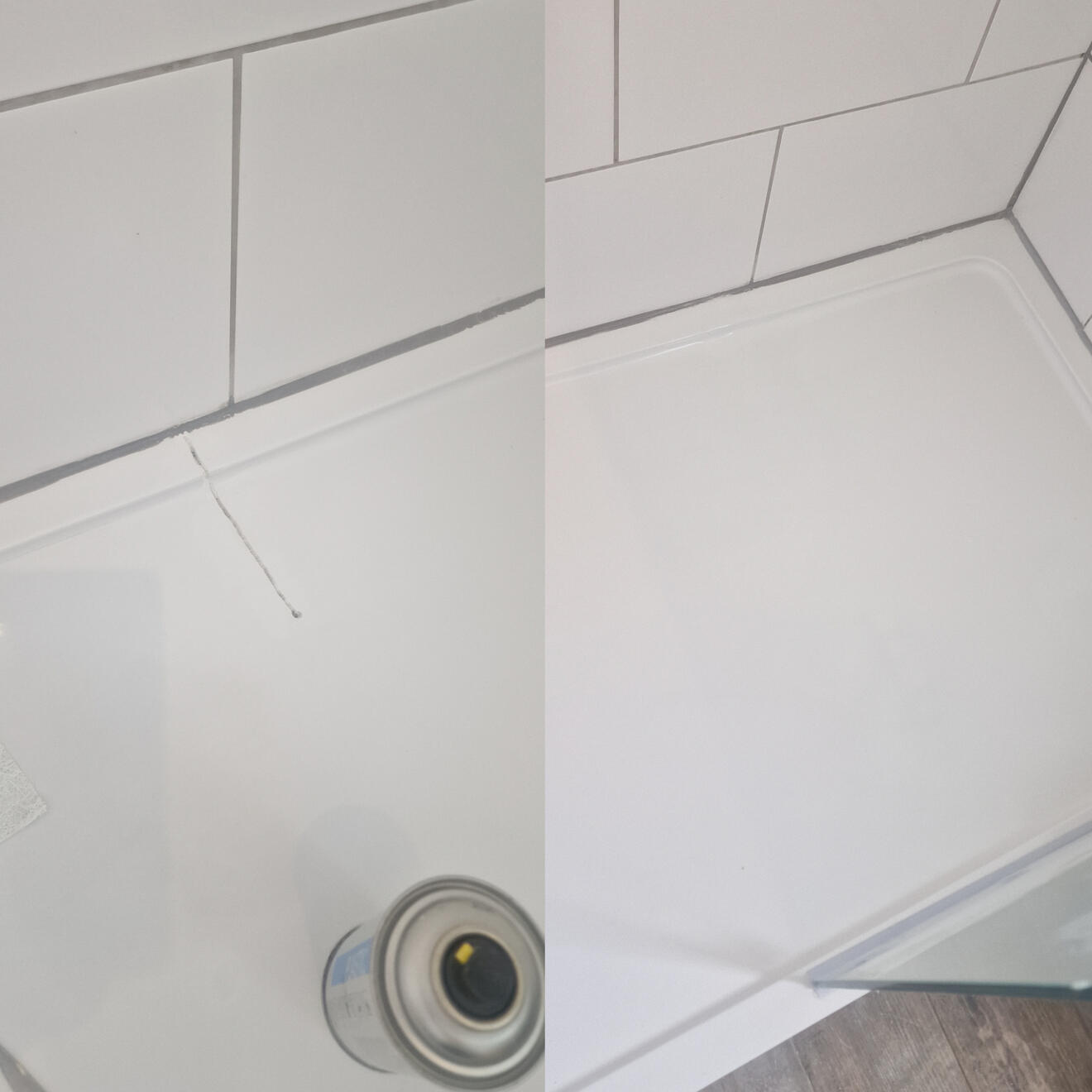 Shower tray crack repair Before and after stone resin shower tray crack repair in Swindon