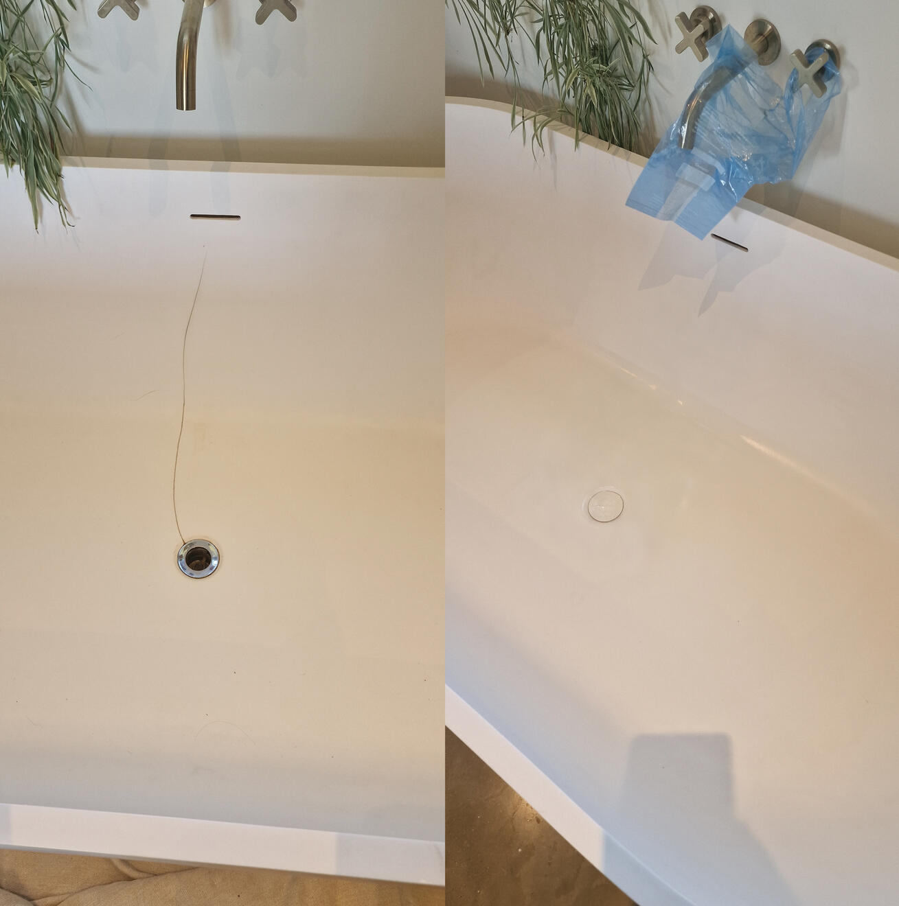 before and after pictures of a stone resin acrylic bath crack repair Reinforced stone resin bath crack repair in Swindon