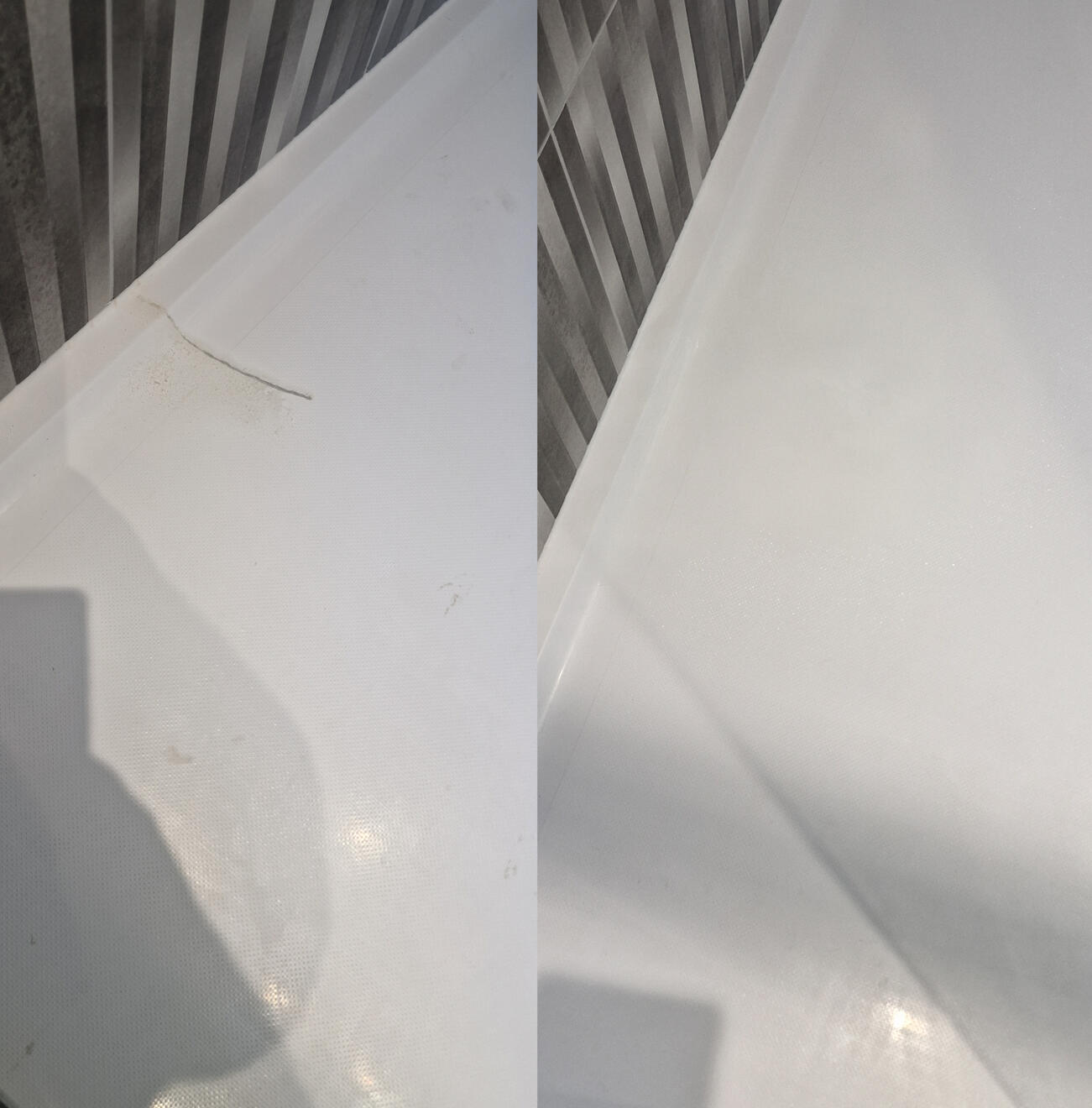 before and after pictures of a stone resin acrylic shower tray crack repair Reinforced shower tray crack repair in Swindon