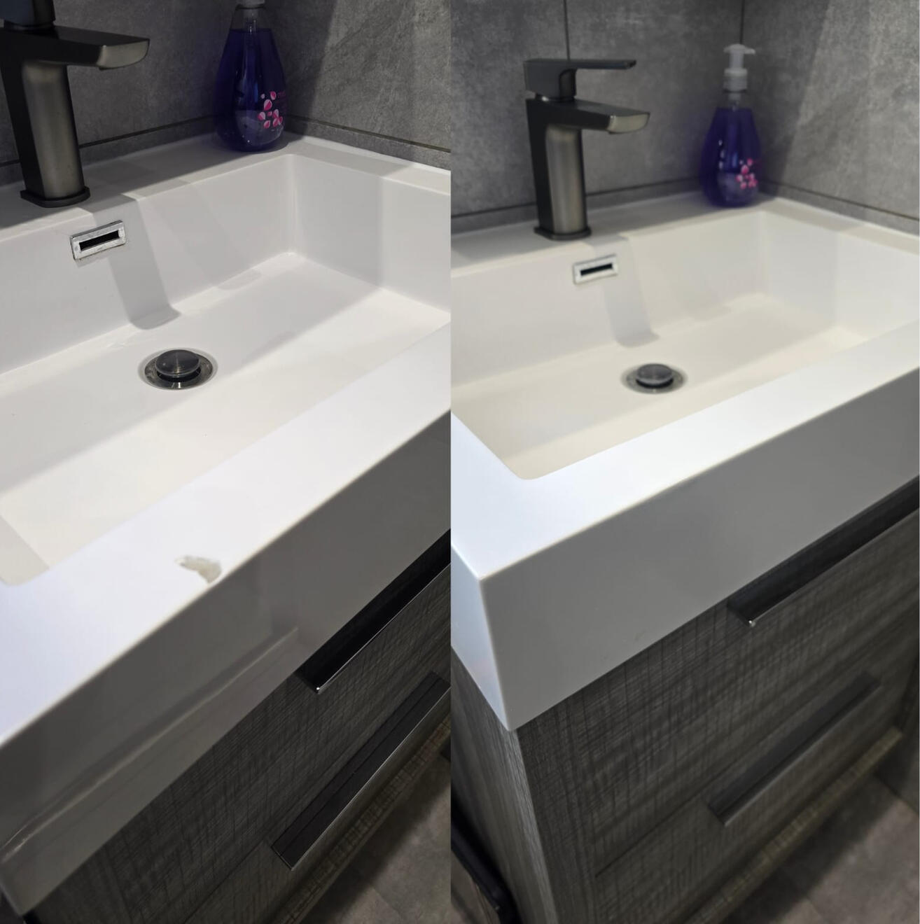 BEFORE AND AFTER PICTURES OF A COMPOSITE BATHROOM BASIN CHIP REPAIR Before and after composite bathroom basin chip repair in a Swindon Airbnb property